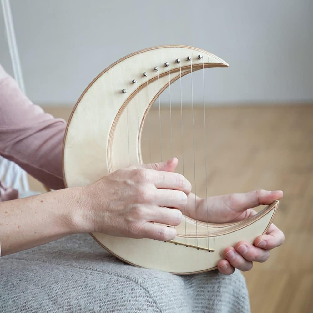 Forma di Luna Lyre Harp, Crescent Moon Shape Arpa in Legno Massiccio, Luna Piena Forma in Legno Strumento Musicale per Principianti, Olmo E Acero Corpo Lyre Harp