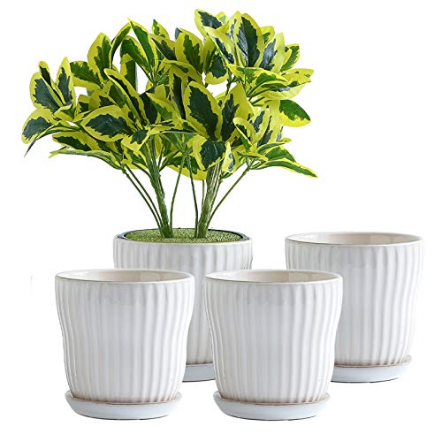 YISHANG Flower Pots,5.5 Inch Succulent Pots with Drinage,Indoor Round Ceramic Planter Pots with Saucer/Tray,White Cactus Planters with Hole,Outdoor Graden Pots 4 Pack