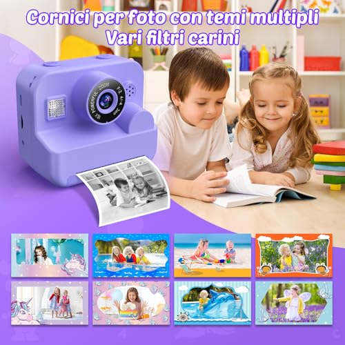 Sofortbildkamera für Kinder – 1080P 2,4-Zoll-Selfie-Kinderkamera mit Druckpapier und 32-GB-Karte, Weihnachtsgeschenkspielzeug für Jungen und Mädchen von 3–12 Jahren (violett)