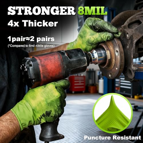 TitanFlex Heavy Duty Green Industrial Nitrile Gloves, 8-mil, Large, Box of 100, Latex Free, Raised Diamond Texture Grip, Powder Free, Food Safe, Rubber Gloves, Mechanic Gloves