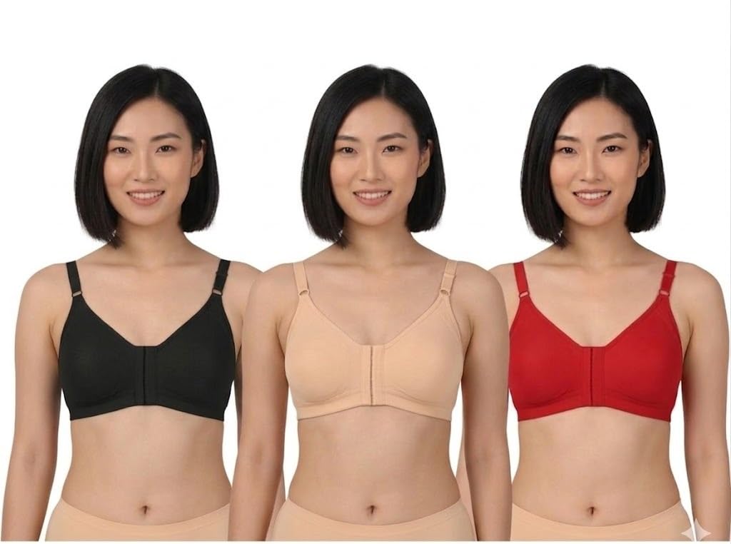 Women's Front Hook Non-Padded Bra | Wire-Free Full Coverage Everyday Comfort Bra with Adjustable Straps Pack of 3 (Multicolor)-image-38