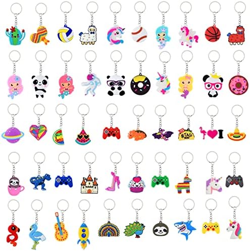 FEPITO 50 Pack Cartoon Keychains for Party Favors Supplies, Party Bag Fillers, Carnival Rewards, Jungle Safari Party Favors