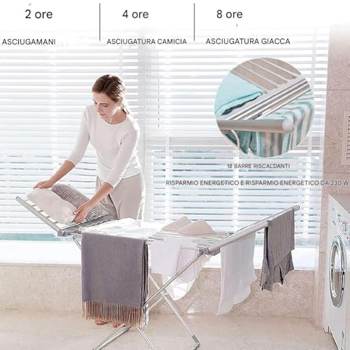 BAKAJI Stendibiancheria Elettrico Riscaldato 260 W Pieghevole, Stendino Asciugabiancheria Salvaspazio, Asciuga e Stendi Biancheria Riscaldante Indipendente da Bagno in Alluminio Chiusura Slim - 2