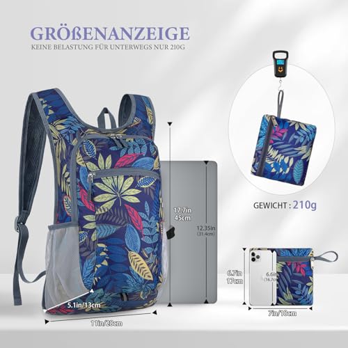 BECOJADDE 15L Faltbarer Rucksack Kleiner Wanderrucksack Leicht Tagesrucksack Damen Herren Daypack Wasserfest Reiserucksack für Outdoor Wandern Reisen Städtetrips, Regenwald
