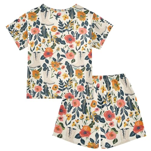 ALAZA Floral Boot Flower Retro Pajamas Set Short Sleeve Cotton Sleepwear Summer Pjs 2 Piece 5-14Y2