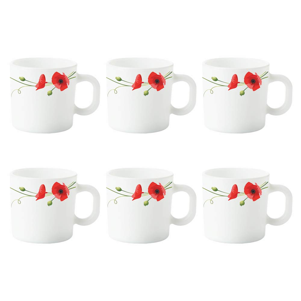 Larah by BOROSILRed Carnation Opalware Mug Set (White) - 6 Pieces