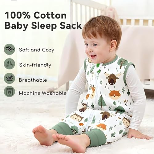 Image of Chilsuessy Toddler Sleep Sack with Feet 2-3 T, 1.0 TOG Cotton Baby Wearable Blanket with Legs, Sleep Bag Walker with 2-Way Zipper, Forest Animals+Green