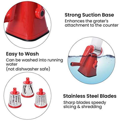 Shop Lc Red Cheese Grater Rotary Handheld With 3 Drum Blades, Grater Slicer Shredder For Vegetables Carrots Nuts, Strong Suction, Easy To Use, Easy To Clean, Easy To Assemble, Easy Replacement #TOP3