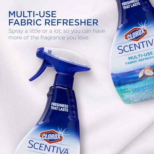 Image of Clorox Scentiva Fabric Refresher Spray, Pacific Breeze and Coconut Scent for Household Fabrics, Odor Refresher for Upholstery, Curtains, Bedding, and Carpets, Non-Bleach, 16.9 Fl Oz - 2 Pack