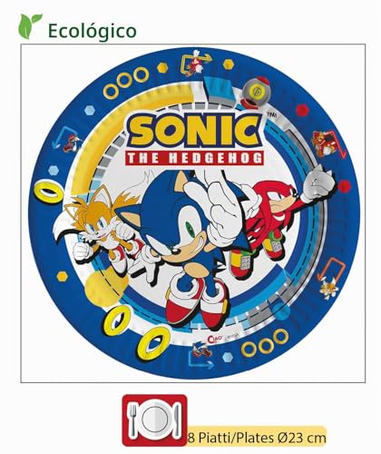 Miniatura 5 de Kit Vajilla De Fiesta Sonic The Hedgehog Para 8 Personas 44 Pcs: 8 Platos Ø23cm, 8 Platos Ø18cm, 8 Vasos 250ml, 20 Servilletas 33x33cm De Papel Compostable Eco-Friendly