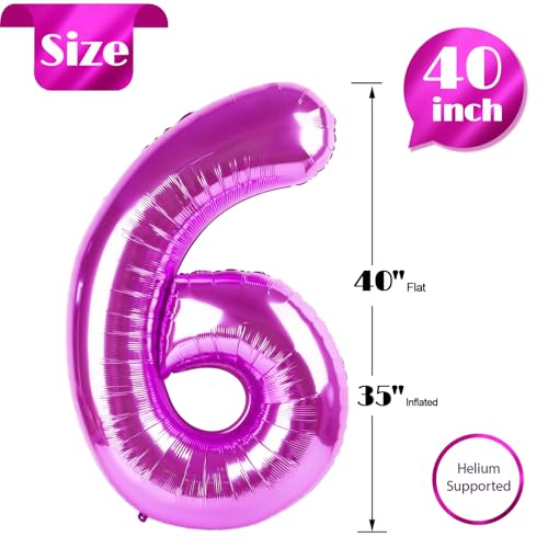 Image of Rosy Purple 6 Balloon, Number Balloons 40 Inch, 6th Balloons for Birthday Decorations, Rosy Purple Party Supplies 6 Birthday Balloon, Number 6 Balloon