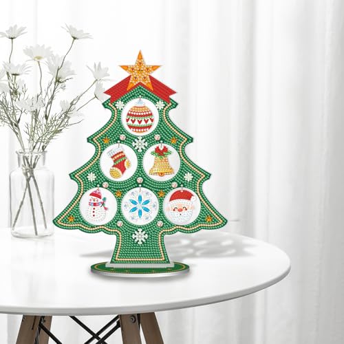 Image of AiYuanzsh Christmas Tree Diamond Art Tabletop Ornament with Christmas Hanging Charms, Acrylic Double-Sided Special Shape Diamond Painting Desktop Decoration Kit, DIY Large Festive Crafts