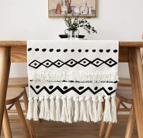 BANCONI Tischläufer modern Boho Style mit Quasten, weiß-schwarz, Baumwollgewebe, Boho Deko elegant nordisch skandinavisch Landhausstil 180 cm lang Cover