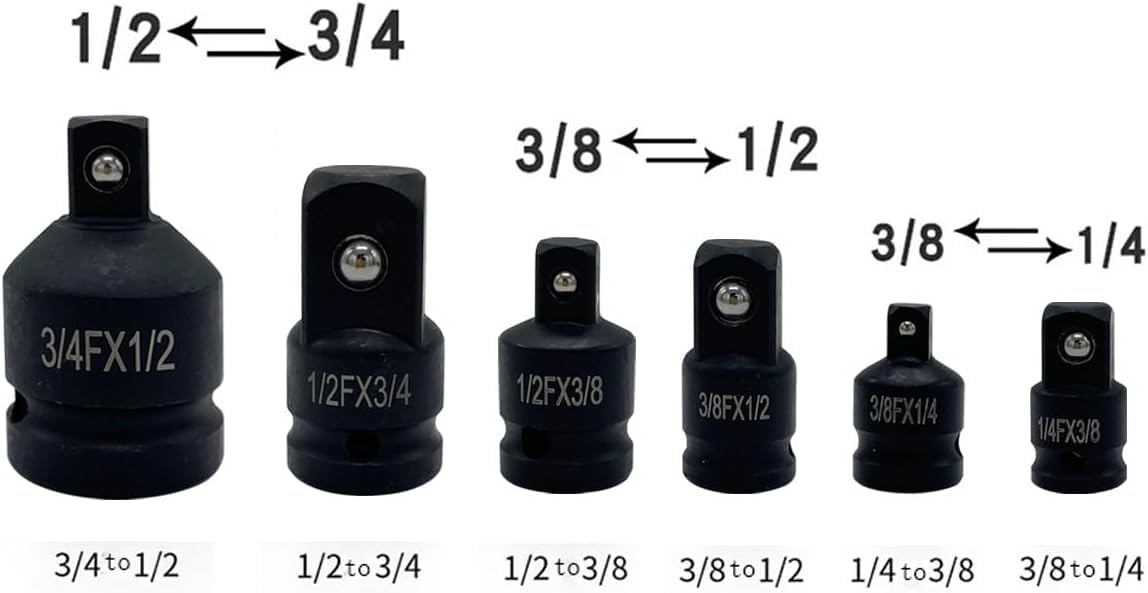Mass Pro 6Pcs Drive Adapter & Reducer Set, CR-MO Steel Wrench Converter Kit, 1/4", 3/8", 1/2" & 3/4" Square Drive Extension Accessories for Ratchets, Impact Wrenches, Breaker Bars & Power Tools 3