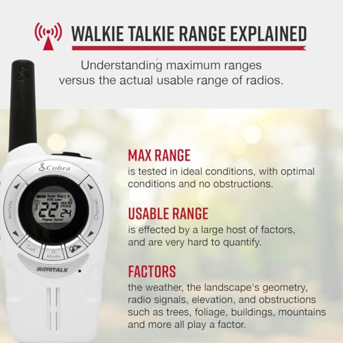 Image of Cobra ACXT360 Water Resistant Walkie Talkies for Adults & Compatible Cobra Surveillance Headset: Rechargeable, 22 Channels, Long-Range, 3 Two-Way Radios, 2 Headsets, White, Silver and Red
