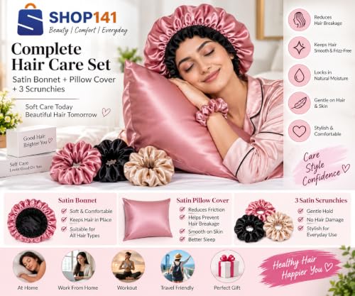 Image of Satin Silk Pillow Cover for Hair and Skin 2 Piece with 3 Piece Satin Silk Scrunchies | 1 Silk Hair Band Free Solid Pillow Covers with Envelope Closure (Rose Taupe) (Black + Cap)