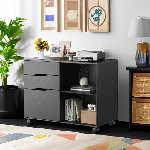 Sweetcrispy SW3CG-9 3-Drawer File Cabinet, Lateral Mobile Filing Cabinet Wood Storage Organizer With Wheels, Printer Stand & Open Shelves For Home Office Under Desk Organization thumb #7