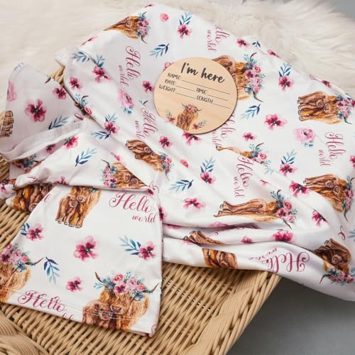Image of Ylsteed Baby Highland Cow Swaddle Blanket and Headband Set, Newborn Receiving Blanket Swaddle Wrap for Girls and Boys, Swaddling Blankets Neutral for Newborn 32 * 32 in (Highland Cow Pink)