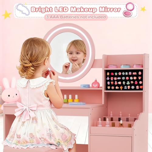 Image of INFANS Kids Vanity with Lights, Princess Makeup Desk with Mirror Storage Shelves, Toddler Table and Chair Set Pretend Play for Girls Aged 4-9