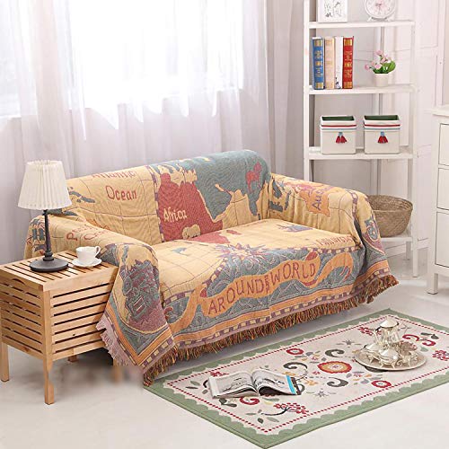 Maynest World Map Throw Blanket Reversible Hippie Bohemian Vintage Yellow Red Knitted Large Fringed Cotton Woven Tapestry Colorful Boho Fantasy Rug Sofa Loveseat Chair Recliner Couch Cover (L: 71X91) #TOP3