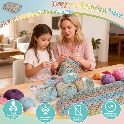 Image of Aeelike Blanket Crochet Kit for Beginners, Super Easy Crochet Blanket Kit with Soft & Colorful Gradient Yarns Detailed Video Tutorials Crocheting Accessories, Classical Gradient & Ideal Gift