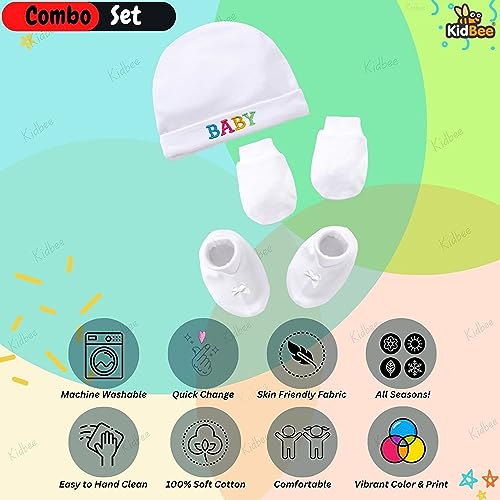 Image of Kidbee Baby Cotton Booties Mittens and Caps Combo for New Born Babies (0-6 Months)