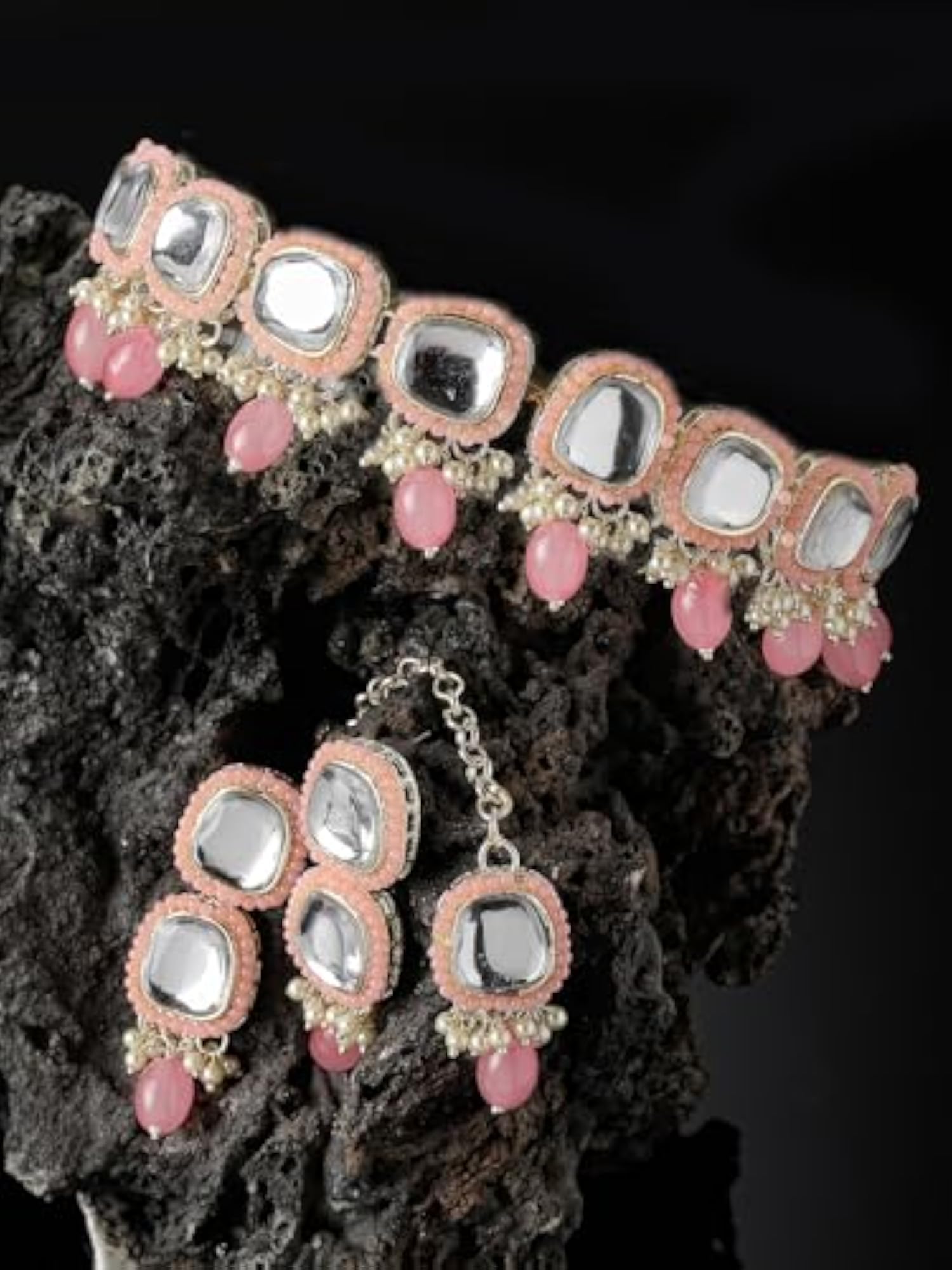Kundan Studded Collar Bone Necklace Set With Earrings