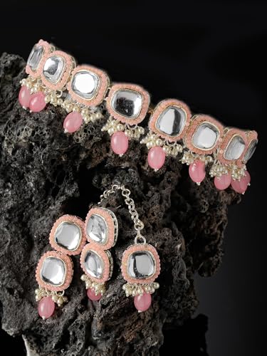 Kundan Studded Collar Bone Necklace Set With Earrings