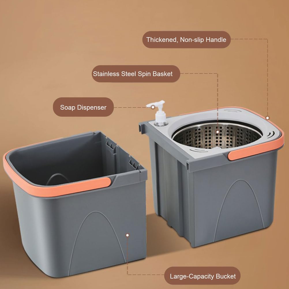 Juego de fregona giratoria y Cubo escurridor Desmontable, Separa Agua Limpia y Sucia, Cabezales giratorios de la fregona de Microfibra de 180° para Madera Dura, laminados y baldosas