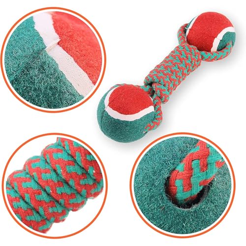 Image of Dog and Puppy Toy Set - Tail, Chew, Teething, Rope, and Tug Toys for Small to Medium Dogs - Washable Cotton Pack (Tennis DUMBLE)