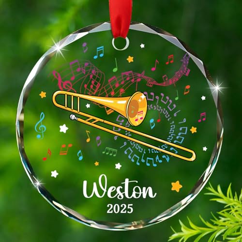 Custom Year Text Name Trombone Player Glass Ornament, Personalized Trombone Musical Ornaments Gift for Trombonist Husband Wife Dad Mom Friend Appreciation, Unique Trombones Instrument Glass Ornament
