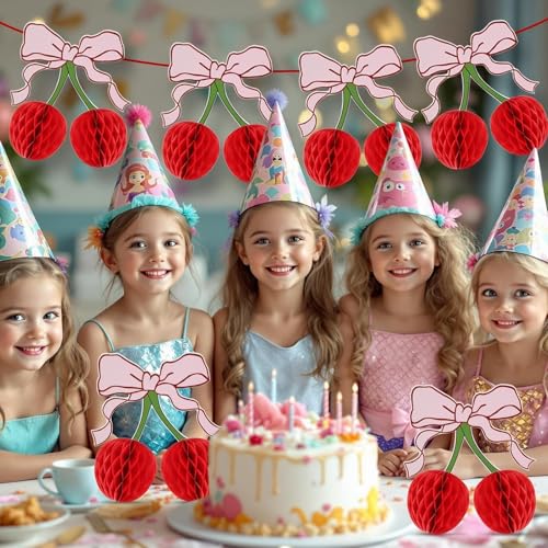 Prdingfy 6 Pcs 3D Honeycomb Cherry Decorations - Large Cherry Centerpiece Table Decor, Bow-Adorned Honeycomb Cherries for Baby Shower Birthday Party Supplies (Red) by Prdingfy - Image 6