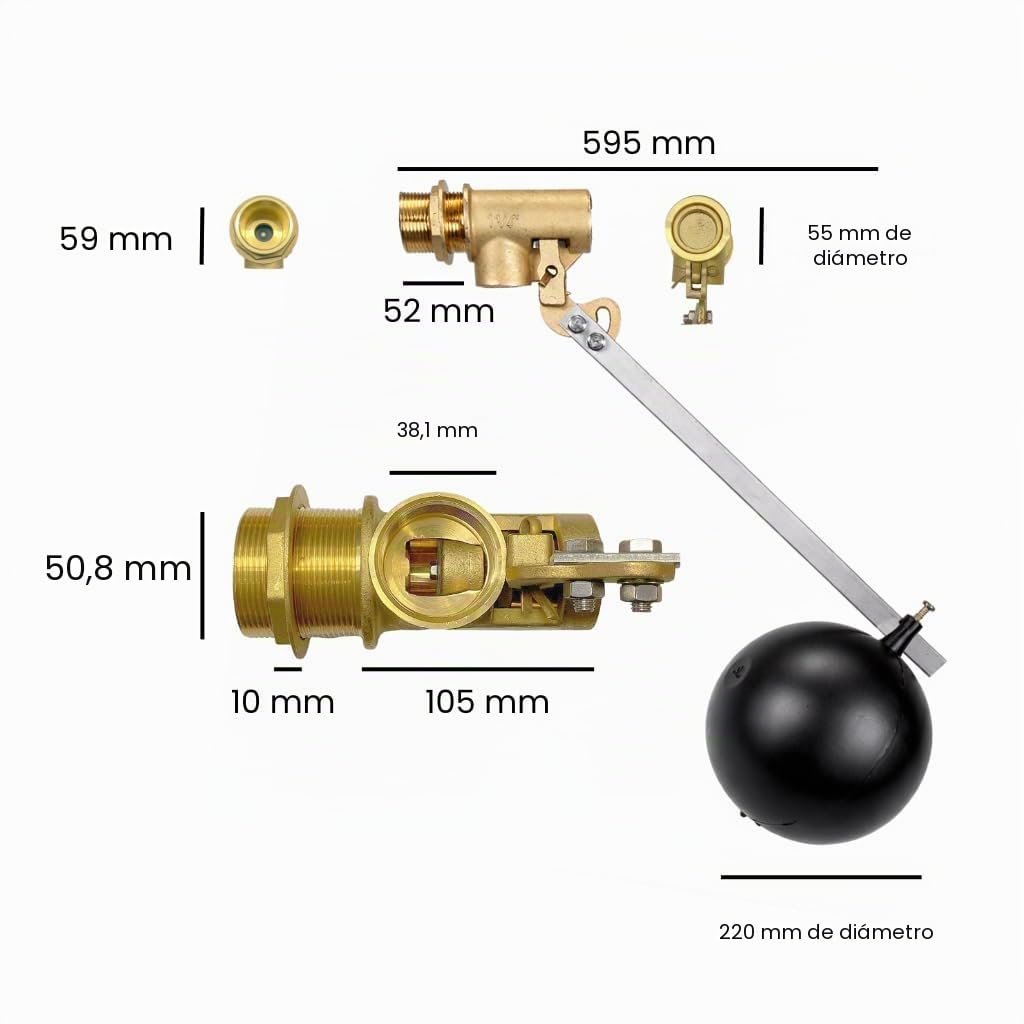 EU Válvula de flotador de 2 pulgadas, protección contra sobrellenado, regulación de nivel, negro, latón, acero inoxidable, polipropileno, rosca exterior de 2 pulgadas, 6 bar, CE, RoHS