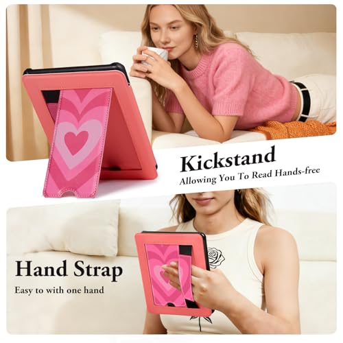 Image of CoBak Lightweight Stand Cute Case for 7 inch Kindle Paperwhite 12th Gen 2024 and Kindle Colorsoft with Right Hand Strap - Compatible with iPhone MagSafe, for Samsung /Anker Wireless Charging Pads