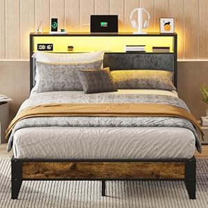 OLEVS Full Bed Frame with Headboard, Metal Platform Bed Full Size with 2-Tier Storage, LED Light & Charging Station Type C, No Box Spring Needed