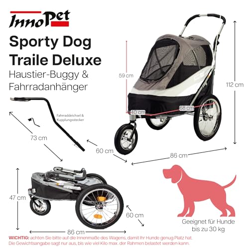 InnoPet Hundeanhänger Fahrrad & Hundebuggy Sporty Deluxe - 2 in 1 Fahrradanhänger für Hunde bis 30 kg, Schwarz/Silber - mit Regenschutz, Zugstange & Verbindungsstück