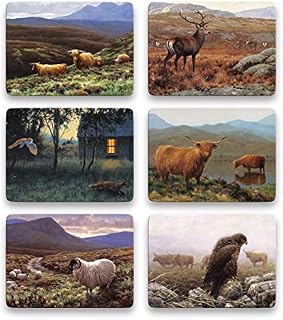 Julian Friers Highland Table Mat Set - 6 Placemats by Wildlife Artist Non-slip - Cork-backed Placemat Sets