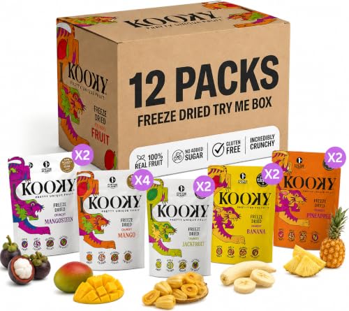 Kooky Try Me Box | Crunchy Freeze Dried 12pks | 100% Fruit Low Calorie Healthy Snacks for Kids & Adults | Tropical Snacks ft. Banana Pineapple Mangosteen Jackfruit & Mango