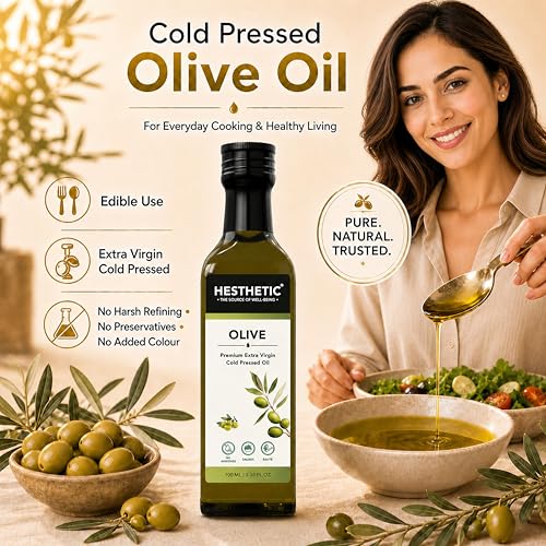 Image of HESTHETIC Premium Extra Virgin Olive Oil 100ml | Cold-Pressed Mediterranean-Sourced EVOO | Unrefined, Low-Acidity | Glass Bottle | Cooking, Salad & Finishing Oil