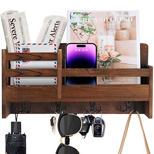 Mastlu Mail Organizer,Mail Rack,Key Holder,Envelope Sorter,Natural Wooden Wall Mounted Organizer 4 Double Key Hooks And Floating Shelves Storage For Entryway, Hallway, Living Room (Wood Color) #TOP3