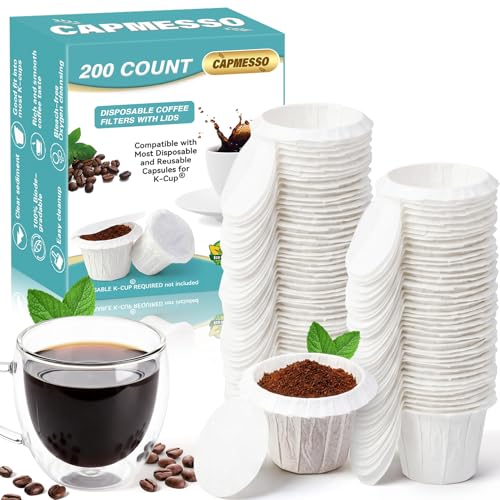 Image of CAPMESSO Disposable Coffee Filters with Lid Kerig Paper Filter for Reusable Single Serve Pods Compatible with Keurg 2.0 & 1.0 Coffee Maker (White, 200)