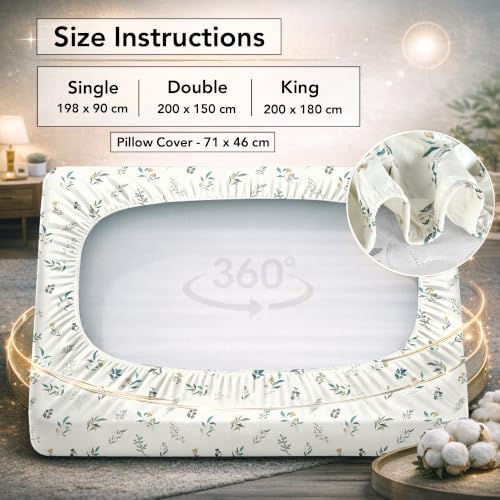 Image of Divine Casa King Size Fitted Bedsheet with 2 Pillow Covers (200 x 180 CM) | Cotton Twill Satin Floral Print | Cream Beige Elastic Fitted Sheet for Mattress.