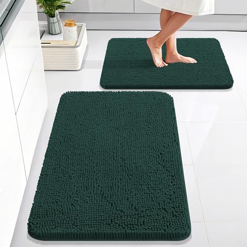 Image of OLANLY Bathroom Rugs Sets 2 Piece, Soft Absorbent Chenille Bath Mats Set, Non-Slip, Quick Dry, Machine Washable Bath Mats for Bathroom, Home Decor Accessories (30 inchx20 inch+24 inchx16 inch, Blackish Green)