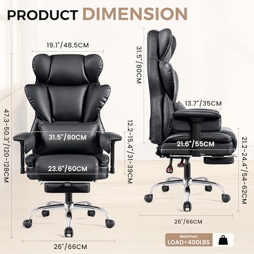 Big and Tall Office Chair - Heavy Duty 400 LBS Executive Chair with Lumbar Support & Foot Rest, High Back Ergonomic Desk Chair, Padded Wide Seat Gaming Chair, Adjustable Armrests, Black