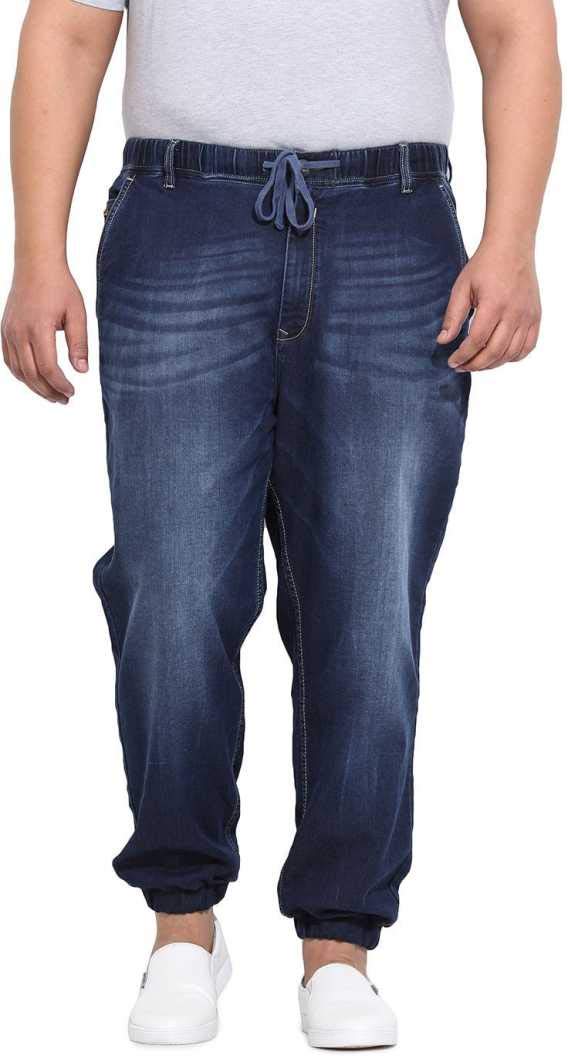 JOHN PRIDE Plus Size Men's Stretchable Mid-Rise Comfort Fit Clean Look Blue Cotton Jogger Jeans for Men