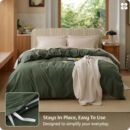 Image of Bedsure PureWoven 100% Washed Cotton Duvet Cover Only, Queen, Olive Green | 1 Duvet Cover, No Pillow Shams, Linen Like Textured, Lightweight & Breathable for All Seasons, Zipper Closure, 8 Corner Ties