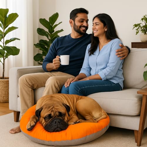 Image of The Pets Company Calming Dog & Cat Bed | Soft Fluffy Donut Reversible, Washable Pet Bed for Puppies | Cozy Plush Anti-Anxiety Cushion |, (L-38 Inch x B-38 Inch x H-6 Inch), Orange & Grey-XLarge