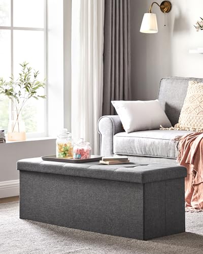 SONGMICS Sitzhocker mit Stauraum, klappbare Sitzbank, 38 x 110 x 38 cm Fußbank, Aufbewahrungsbox, bis 300 kg belastbar, für Wohnzimmer Schlafzimmer Flur, schiefergrau LSF77K