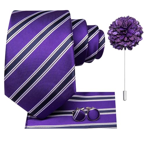 Image of Hi-Tie Navy Purple Ties for Men Silk Business Necktie Striped Mens Tie and Flower Lapel Pin Pocket Square Cufflinks Set