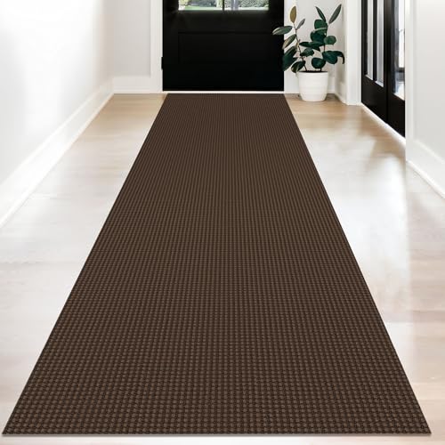 KOZYFLY Long Runners for Hallways 3x12 ft Washable Kitchen Runner Non Slip Rubber Backed Hallway Rugs Cotton Entryway Runner Rug Floor Carpet for Indoor Hall, Backdoor, Kitchen, Reddish Brown/Coffee